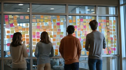 Team brainstorming session with colorful sticky notes on a glass wall in a modern office setting
