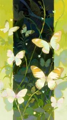 黄色の蝶が舞う抽象的な暗い緑色の背景