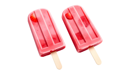 Two refreshing strawberry popsicles with fruit pieces on black background