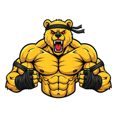 Aggressive muscular bear warrior ready to fight with boxing wraps