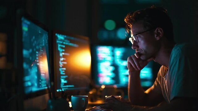 A cinematic shot of a young entrepreneur typing late at night, soft glow of multiple monitors illuminating his focused face, coffee mugs scattered nearby, background darkened