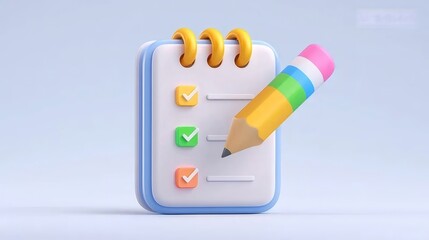 カラフルな鉛筆とチェックマーク付きのメモ帳の3Dレンダリング