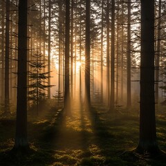 Obraz premium Golden sunlight streams through a misty coniferous forest, illuminating the forest floor with warm hues.