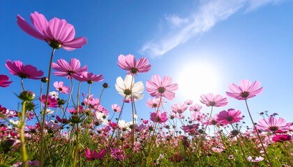 快晴の青空の下のコスモスの花