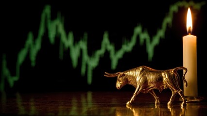 Stock market action golden bull candlelight financial trends business environment artistic viewpoint