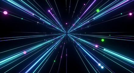 Naklejka premium Abstract digital art featuring a vibrant tunnel of light with neon streaks and particles.