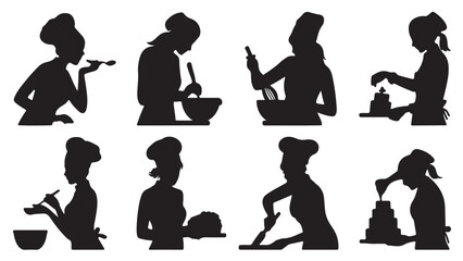 Set of chef silhouettes preparing food vector illustration of cooking and baking isolated on white background