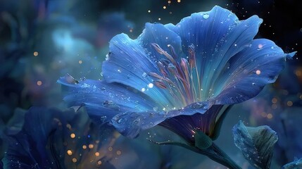 青い花のクローズアップ 夜の背景にキラキラと輝く