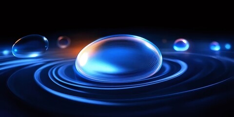 青い球体が軌道に乗る暗い背景の抽象的なイメージ