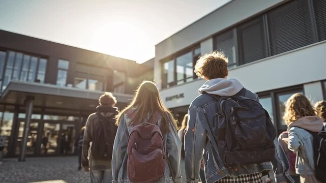 A group of students approaches their school building under a bright sun in the afternoon. They are wearing casual clothes and backpacks, excited for their day ahead.
