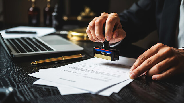 Legal professional's hands applying an official rubber stamp onto important business paperwork, signifying authorization and approval on a dark wooden desk