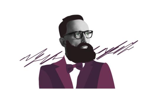 Composite photo collage of handsome serious man poet pose make portrait photo wear formal suit bow tie isolated on painted background - Powered by Adobe