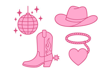 Set of wild west cowgirl accessories and attributes in bright pink, including disco ball, cowboy boots with flame design, wide-brimmed hat, and heart lasso, fashionable Barbiecore contour style