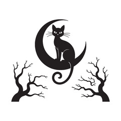 Halloween Black Cat Design With Silhouette Vector and White background