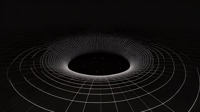 Perspective view of a dark funnel outlined by a white grid on a black plane with stars