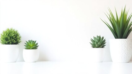 Obraz premium Minimalist Arrangement of Green Plants in White Pots Against a W