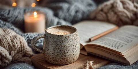Warm coffee with book creating cozy hygge moment