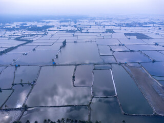 Flooded rice paddies from an aerial perspective creating geometric patterns.  The Muhuri Project is Bangladesh's second-largest irrigation project. Aerial View of Farm Ponds and Coastal Landscape