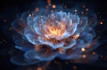 暗い背景に明るい青と金の幻想的な花のクローズアップ