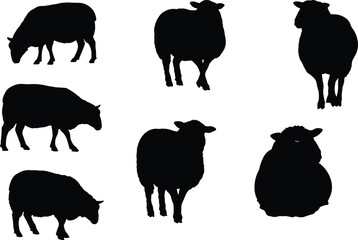Sheep silhouettes grazing, standing, resting, flock animals illustration, black sheep outlines, livestock shapes, wool farming, agriculture, rural pasture, nature design, countryside