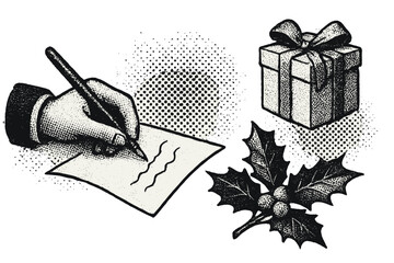 Vintage Christmas collage with hand writing a letter to Santa Claus, gift box with ribbon, holly branch decoration, retro halftone style illustration, holiday greeting concept