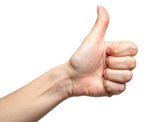 Close-up of a hand giving a thumbs up sign, isolated on a dark background