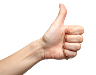 Close-up of a hand giving a thumbs up sign, isolated on a dark background