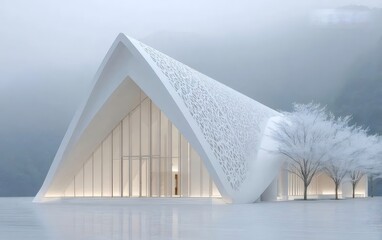 霧の風景の中に佇むモダンな白いチャペルの外観