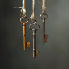 Vintage Keys Hanging from Spider Silk Threads