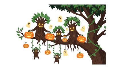 Halloween Forest with Pumpkins and Ghosts: A whimsical illustration depicts a spooky forest scene filled with grinning trees, glowing jack-o'-lanterns, and ethereal ghosts.