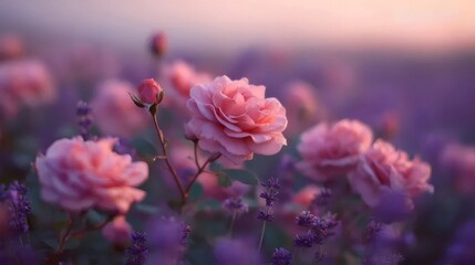 淡いピンクのバラが咲くラベンダー畑の夕暮れ