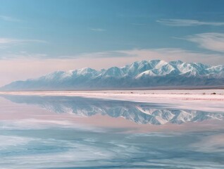 雪山を映す穏やかなピンクの湖の風景