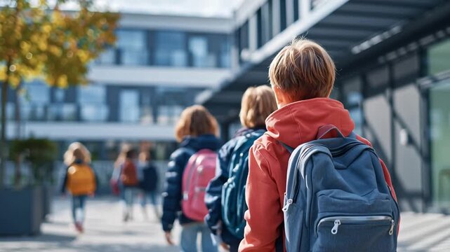 Children are heading to class at a contemporary school building, enjoying a clear day. They carry colorful backpacks and chat as they walk along the path, eager to learn.