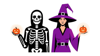 Spooky Halloween Figures: A whimsical graphic showcasing Halloween characters, featuring a skeletal figure and a witch, each holding a glowing carved pumpkin in anticipation of the spooky night.