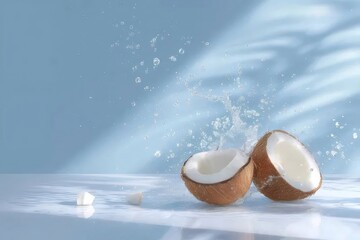 割れたココナッツの半分が水しぶきと青い背景に