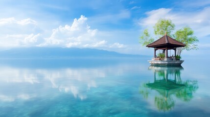 Obraz premium A serene waterscape featuring a gazebo on calm waters, surrounded by lush greenery and distant mountains under a blue sky with fluffy clouds, Ideal for travel, relaxation, and nature-themed projects,