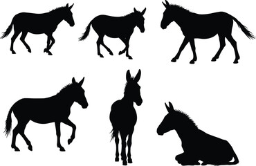 Black donkey silhouettes set collection, farm animal vector illustration, donkey walking running standing sitting poses, domestic animal shadow art design