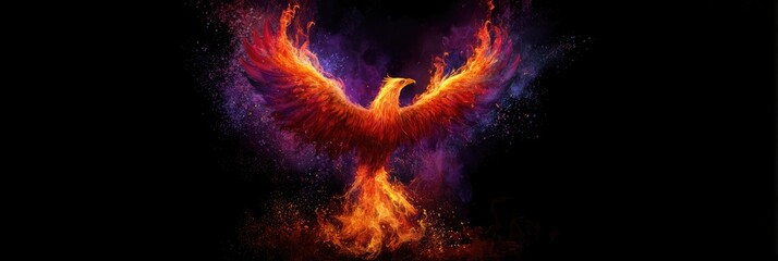 Fototapeta premium Fiery phoenix bird with spread wings on black background. Mythical creature rising from the ashes. Wide panoramic image