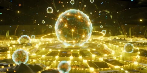 暗いシーンに映る金色に輝く球体と立方体