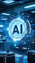 輝く青いAIマークとサイエンスラボのインテリア