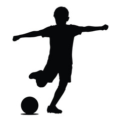 Silhouette of a young boy kicking a soccer ball in a dynamic pose representing athleticism and sports action silhouette