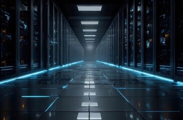 青い光が点灯するデータセンター廊下のローアングル