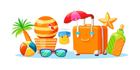 Naklejka premium Summer vacation icons set featuring bright orange suitcase with hat, pineapple wearing sunglasses, striped beach chair, colorful beach ball, fruity popsicle, shining sun symbol, and refreshing tropica