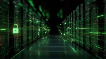 緑色デジタルサーバー室通路と保護ロック