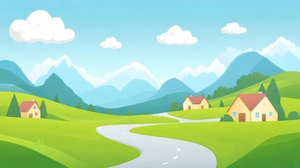 アニメスタイルの風景画 緑の丘と青い山々