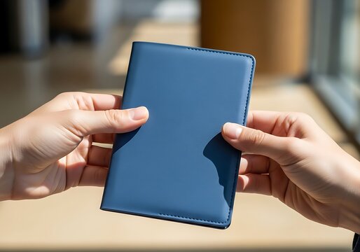 Hands presenting a sleek blue leather passport holder in bright sunlight - Powered by Adobe