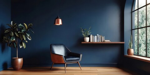 室内 青い壁 黒い椅子 茶色の木製の床