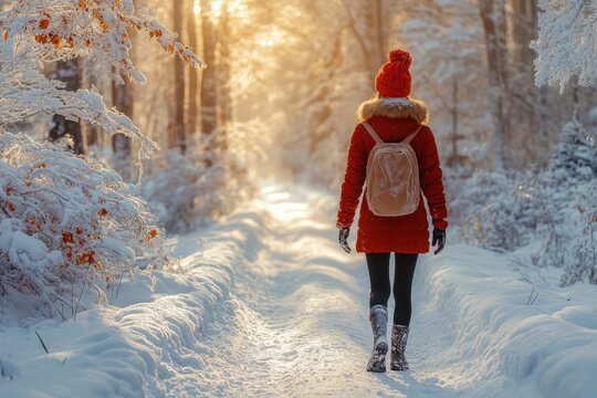 Woman walking in snowy forest. - Powered by Adobe