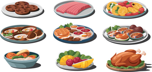 Food Illustration Collection, Diverse Dishes, International Cuisine, Gourmet Meals, Restaurant Menu Icons, Culinary Art, Tasty Plates, Vector Food Design