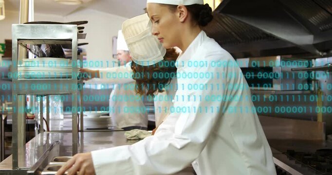 Binary code overlay appearing chefs performing plating passing dishes preparing restaurant service